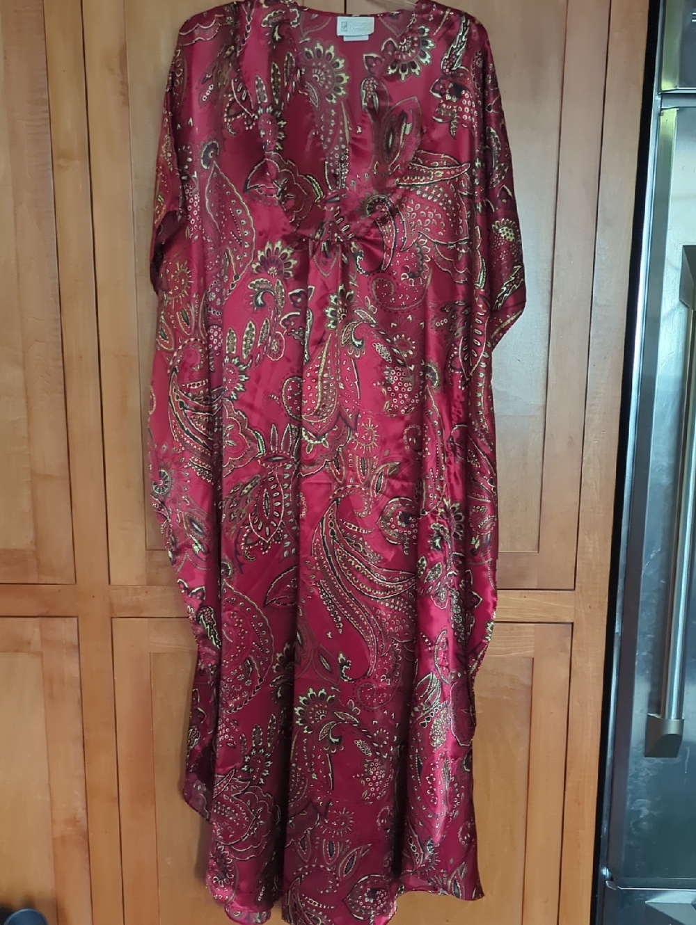 Paisley Satin Maxi Caftan Dress in Deep Red with Metallic Accents